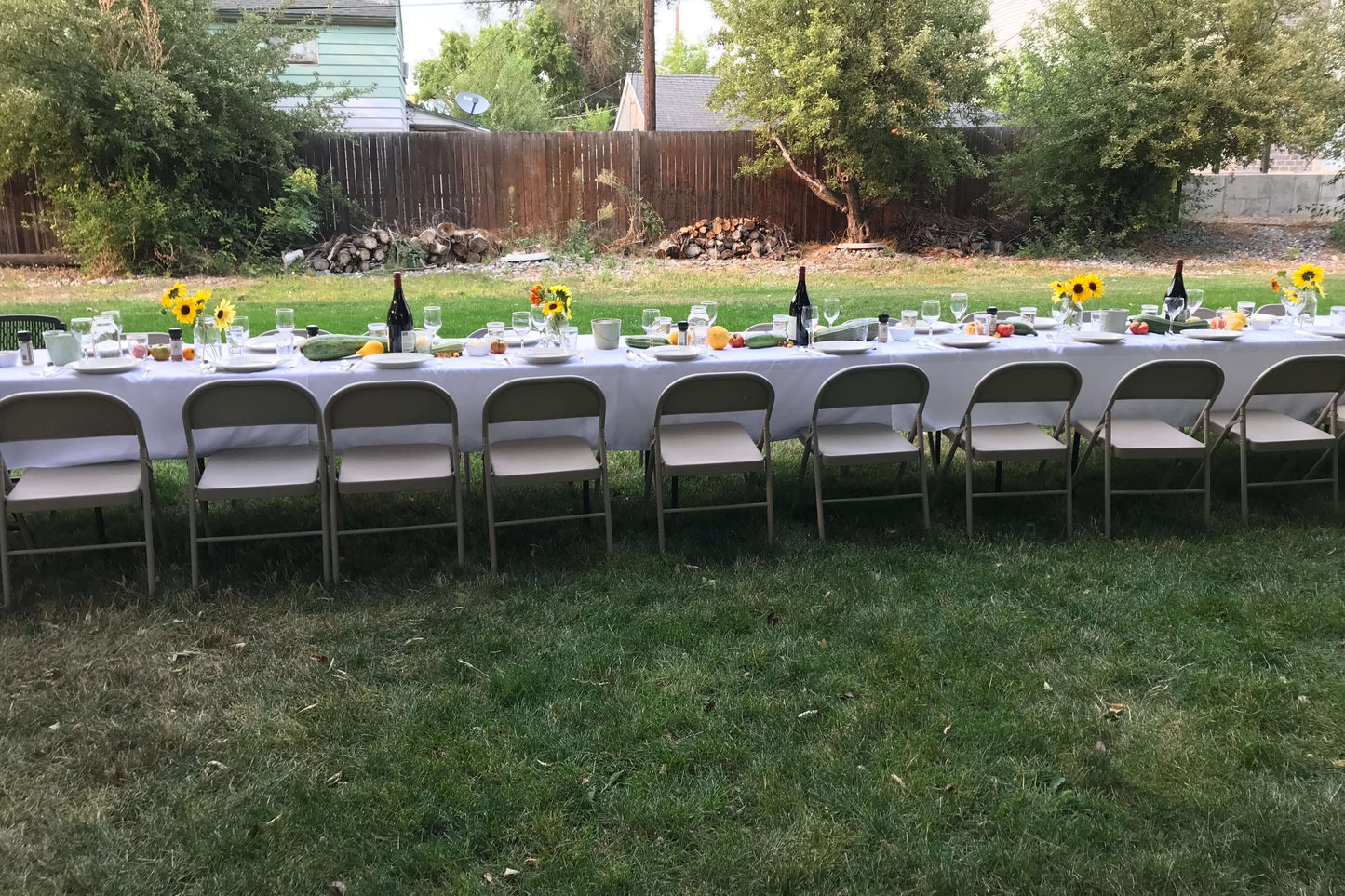 A long table with several chairs and a white table cloth with place settings and sunflower, wine bottle, and fresh vegetable decorations on a green lawn with a tattered wooden fence and trees in the background.